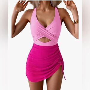 Hot Pink multi adjustable one piece with built in sarong/cover up. Medium
